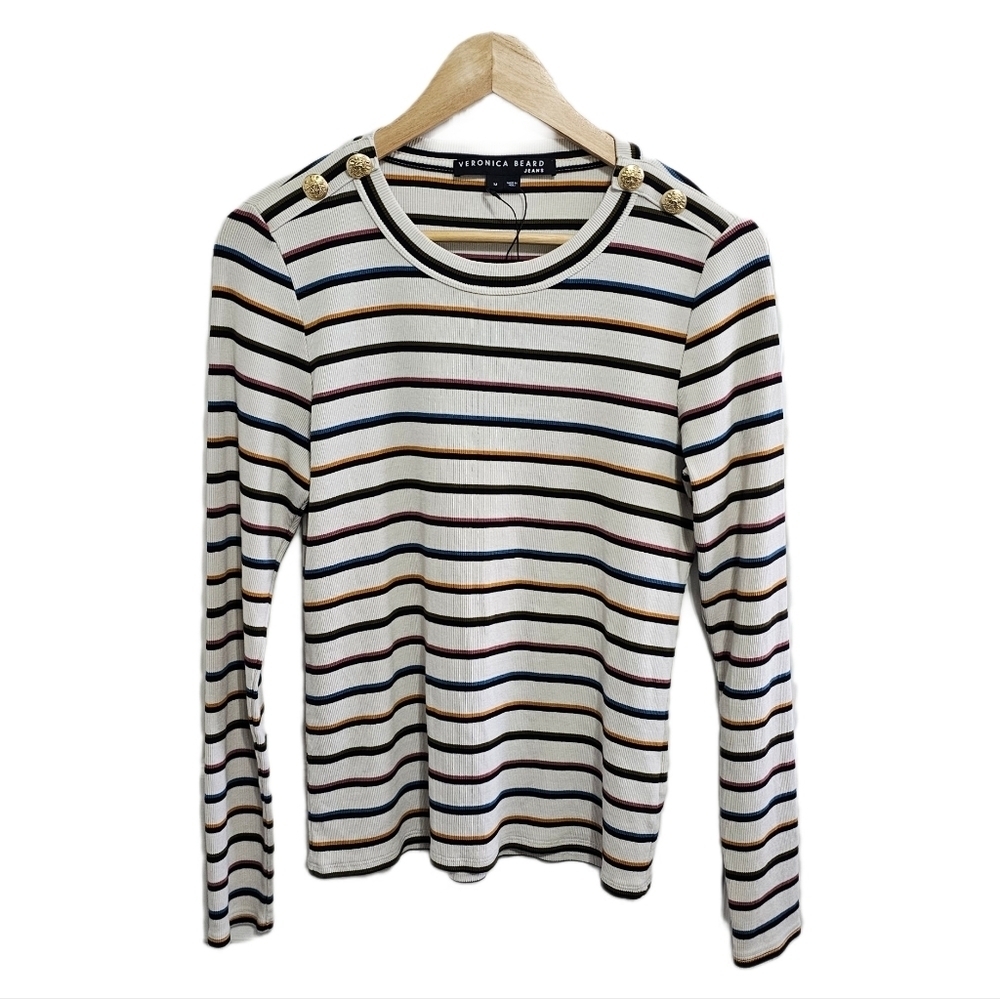 Veronica Beard striped gold shoulder button long sleeve multicolor top